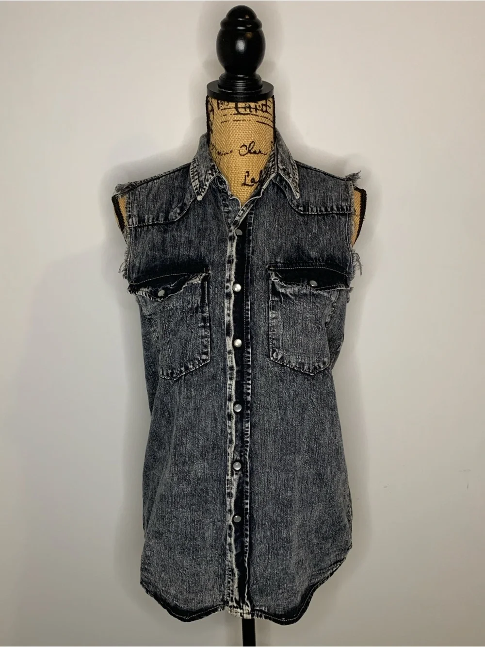 Carmar Black Acid Wash Distressed Denim Button-up Sleeveless Vest